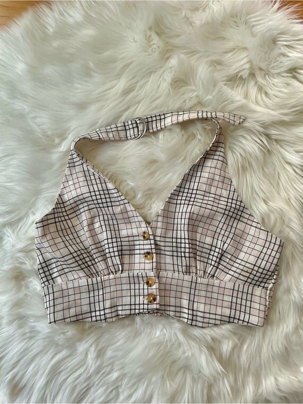 NWT Aeropostale Cream and Pink Plaid Halter Crop Top Size Large